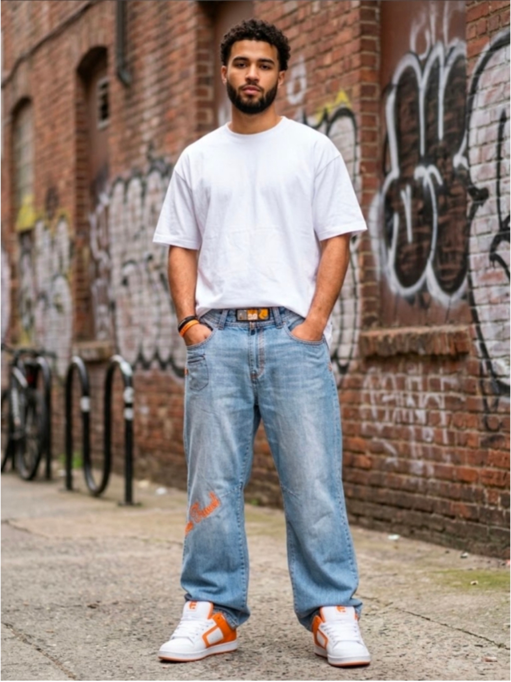 Mens Akademiks Vintage Straight Leg Denim Jeans Blue Orange Waist 38